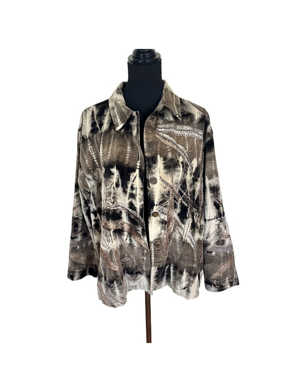 Vtg Chico's Womens Jacket Embroidery Tie Dye Long Sleeve Earth Tones Feathers